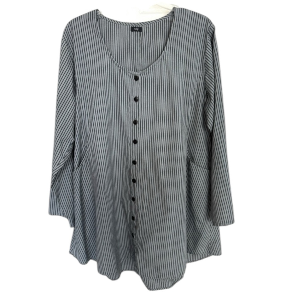 Tulip Clothing Lagenlook Tunic Top Gray Black Stripe Swing Button Front Large